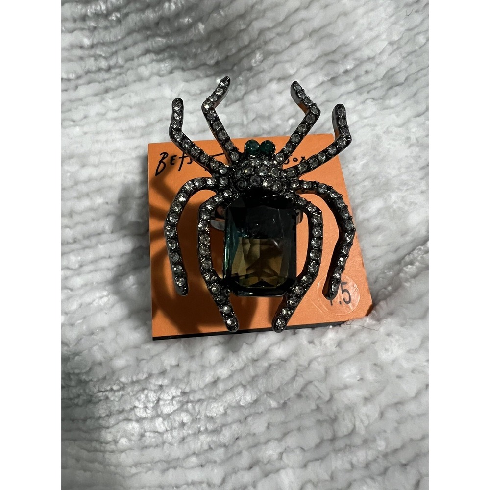 Betsey Johnson Halloween SPIDER Gothic Ring Hematite Crystal Stone Green 7.5